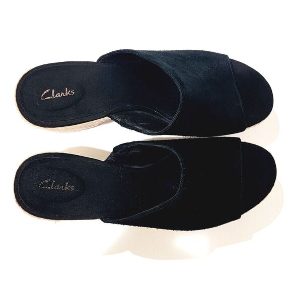 Clarks Maritsa Espadrille Sandals Womens Size 9 Black Suede Slip On Pumps Heels - Picture 9 of 12